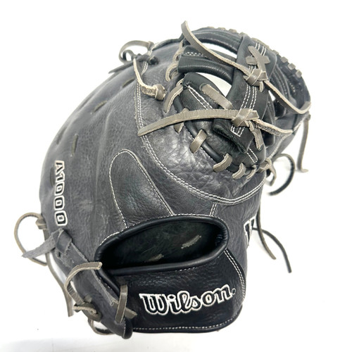 Vist Large View of Product Image Which is Used Wilson A1000 RH Throw Fastpitch Gloves Black And Grey 12 1/2"