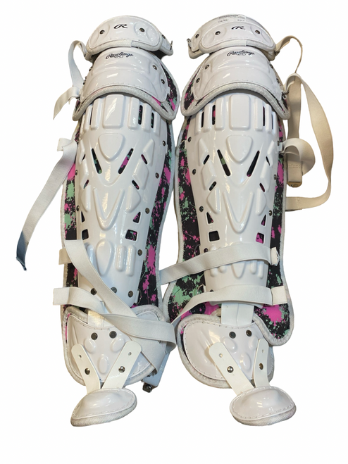 Vist Large View of Product Image Which is Used Rawlings MACH MINT SHINGUARDS Catchers Leg Guards White Adult