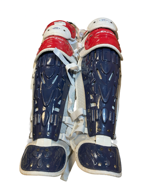 Vist Large View of Product Image Which is Used Rawlings RED WHITE BLUE SHINGUARDS Catchers Leg Guards Red Adult