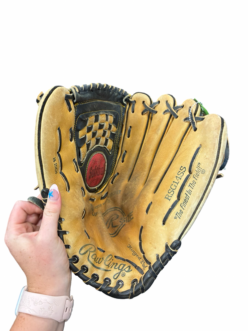 Vist Large View of Product Image Which is Used Rawlings SUPER SIZE RH Throw Fastpitch Gloves Tan 14"