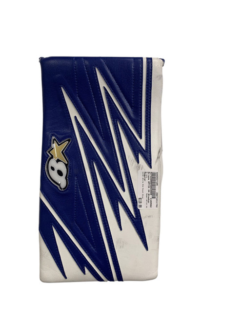 Vist Large View of Product Image Which is Used Brians OPTIK X4 Junior Goalie Blocker White And Royal Blue