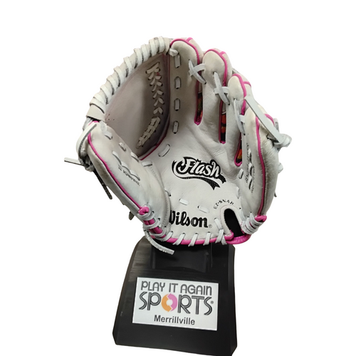 Vist Large View of Product Image Which is Used Wilson A440 FLASH RH Throw Fastpitch Gloves White 11"