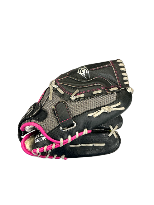 Vist Large View of Product Image Which is Used Louisville Slugger DIVA RH Throw Fastpitch Gloves Black And Pink 12"