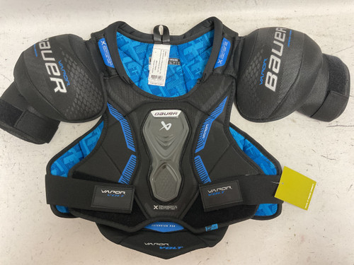 Vist Large View of Product Image Which is Used Bauer VAPOR VOLT Intermediate Shoulder Pads Black And Carolina Blue LG