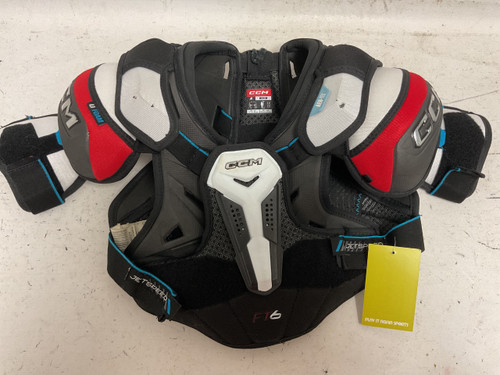 Vist Large View of Product Image Which is Used CCM JETSPEED FT6 Junior Shoulder Pads White/Black/Red LG