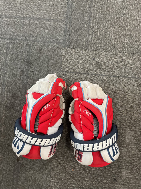 Vist Large View of Product Image Which is Used Warrior EVO Lacrosse Gloves Mens White/Royal/Red 17"