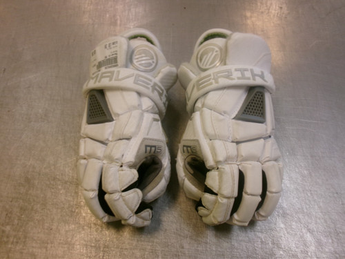 Vist Large View of Product Image Which is Used Maverik M5 Lacrosse Gloves Junior White 10"