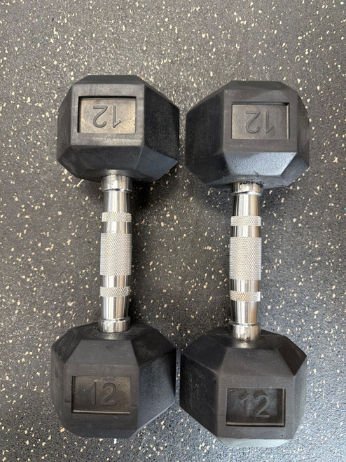 Vist Large View of Product Image Which is Used 12-LB RUBBER HEX DUMBBELL SINGLE Hex Dumbbell (Each) 12 lb