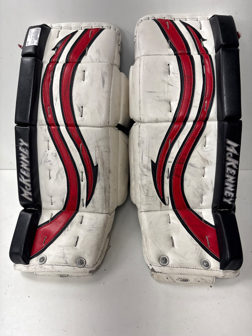Vist Large View of Product Image Which is Used MCKENNEY PRO SPEC 370 Goalie Leg Pads Junior White/Black/Red 25"
