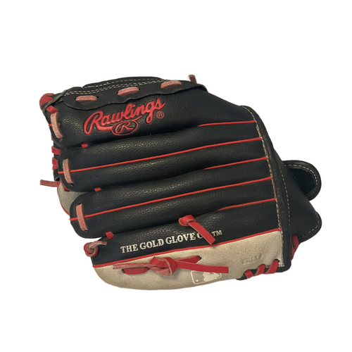 Vist Large View of Product Image Which is Used Rawlings PLAYMAKER SERIES PM110GBS BB/SB Glove RH Throw Black And Red 11"