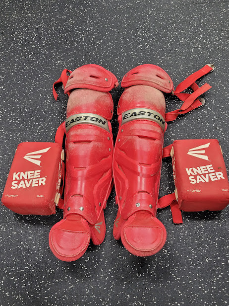 Vist Large View of Product Image Which is Used Easton GAMETIME SHIN GUARDS Catchers Leg Guards Red Youth
