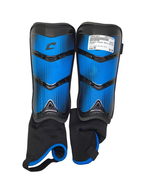 Vist Large View of Product Image Which is Used Champro Soccer Shin Guards Junior Black And Sky Blue MD