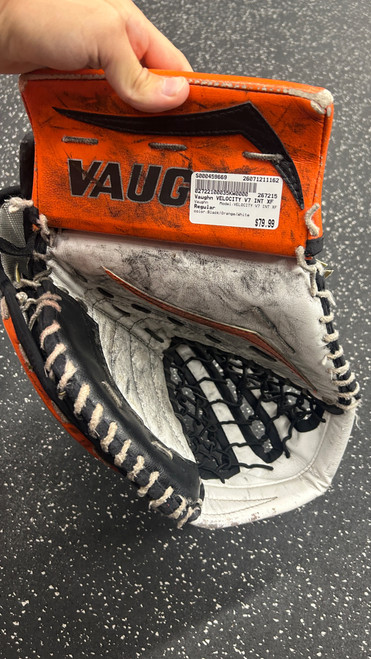 Vist Large View of Product Image Which is Used Vaughn VELOCITY V7 INT XF Inter Goalie Catcher Black/Orange/White
