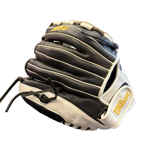 Vist Large View of Product Image Which is Used Wilson A950 RH Throw Fastpitch Glove Black And White 12 1/2"