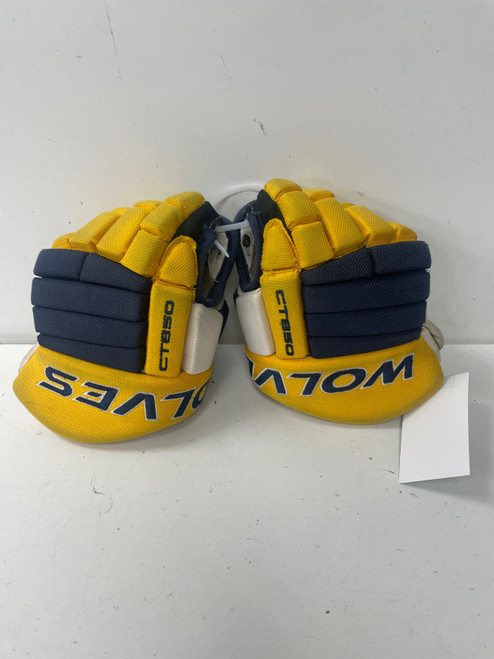Vist Large View of Product Image Which is Used Fischer CT850 WOLVES Junior Gloves Navy Blue And Yellow 10"