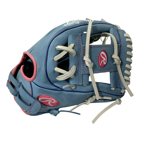 Vist Large View of Product Image Which is Used Rawlings R9 SERIES BB/SB Glove RH Throw Carolina Blue And Pink 11 3/4"