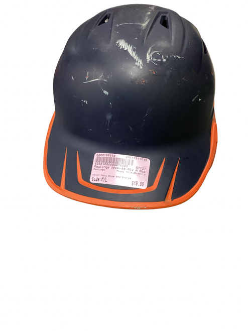 Vist Large View of Product Image Which is Used Rawlings MACH-89-REV A Batting Helmet No Mask Navy Blue And Orange M/L