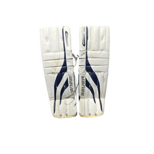 Vist Large View of Product Image Which is Used Bauer REACTOR 4000 Goalie Leg Pads Senior White And Navy Blue 35"