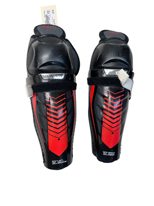 Vist Large View of Product Image Which is Used Bauer LIL SPORT Youth Shin Guards Black And Red 10"