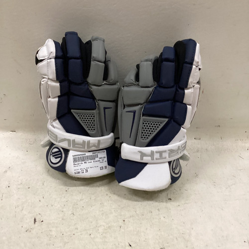 Vist Large View of Product Image Which is Used Maverik M5 Lacrosse Gloves Mens White And Navy Blue 12"