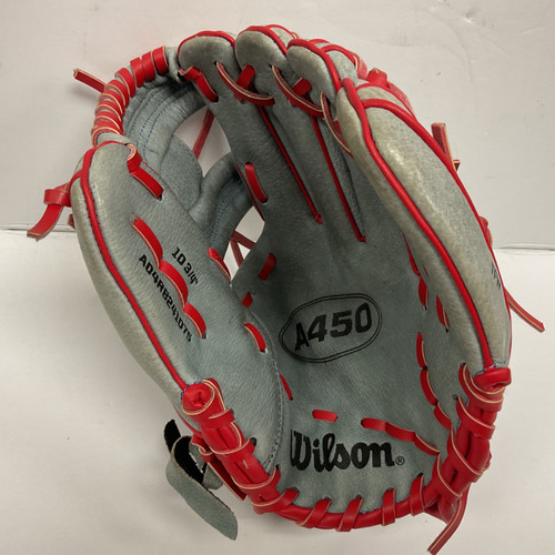 Vist Large View of Product Image Which is Used Wilson A450 A04RB241075 Baseball Glove RH Throw Grey And Red 10 3/4"