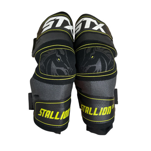 Vist Large View of Product Image Which is Used STX STALLION 100 Lacrosse Gloves Junior Black And Yellow 12"