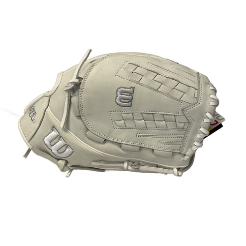 Vist Large View of Product Image Which is Used Wilson A1000 RH Throw Fastpitch Gloves White 12 1/2"