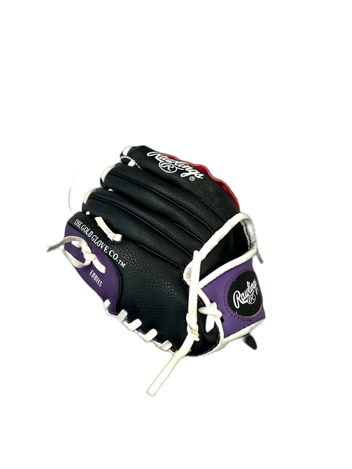 Vist Large View of Product Image Which is Used Rawlings PL85GL RH Throw Fastpitch Gloves Purple 8"