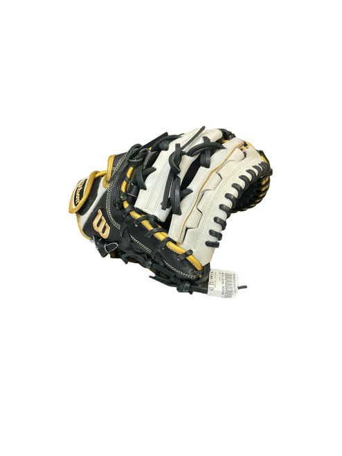 Vist Large View of Product Image Which is Used Wilson FP1B RH Throw Fastpitch Gloves Black 12"