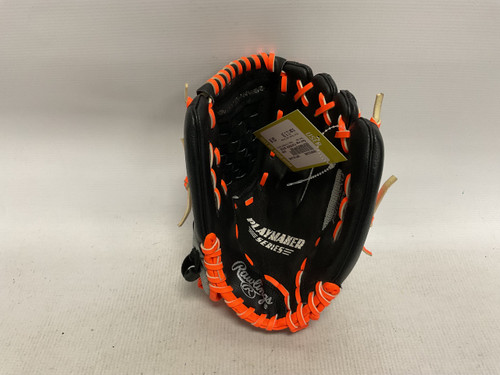 Vist Large View of Product Image Which is Used Rawlings PLAYMAKER SERIES RH Throw Fastpitch Gloves Black And Orange 11 1/2"
