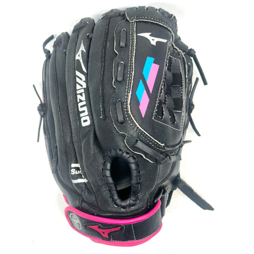 Vist Large View of Product Image Which is Used Mizuno FINCH GPP1155F2 RH Throw Fastpitch Gloves Black And Pink 11 1/2"