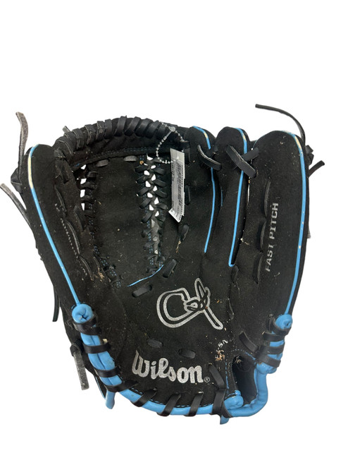 Vist Large View of Product Image Which is Used Wilson CAT RH Throw Fastpitch Gloves Black 12"