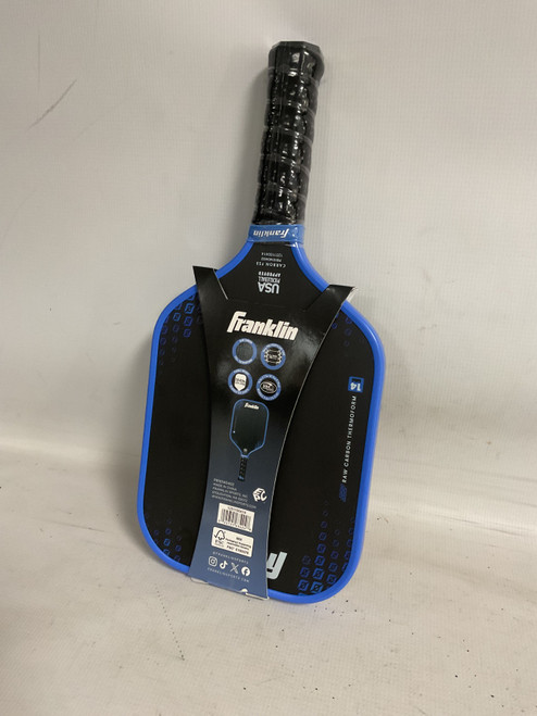 Vist Large View of Product Image Which is Used Franklin PREMIER RAW CARBON PADDLE Pickleball Racquet Black And Royal Blue