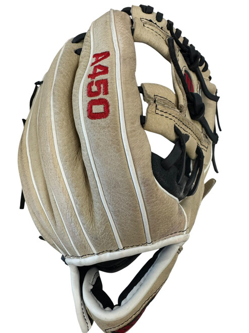 Vist Large View of Product Image Which is Used Wilson A450 BB/SB Glove RH Throw Tan 11 1/2"