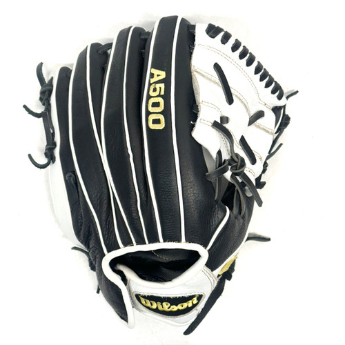 Vist Large View of Product Image Which is Used Wilson SIREN RH Throw Fastpitch Gloves Black And White 12"