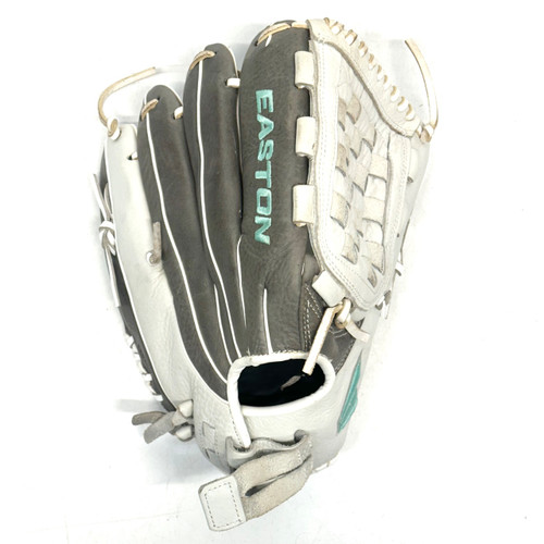 Vist Large View of Product Image Which is Used Easton FUNDAMENTAL RH Throw Fastpitch Gloves White And Silver 12 1/2"