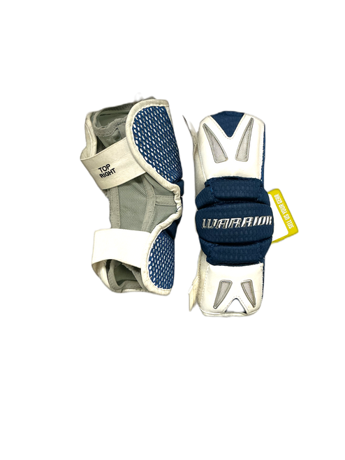 Vist Large View of Product Image Which is Used Warrior BURN Lacrosse Arm Pads/Guards Silver/White/Royal SM