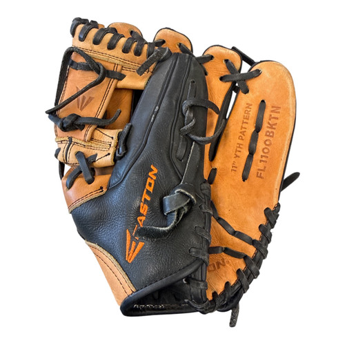 Vist Large View of Product Image Which is Used Easton FL1100BKTN BB/SB Glove RH Throw Black And Orange 11"