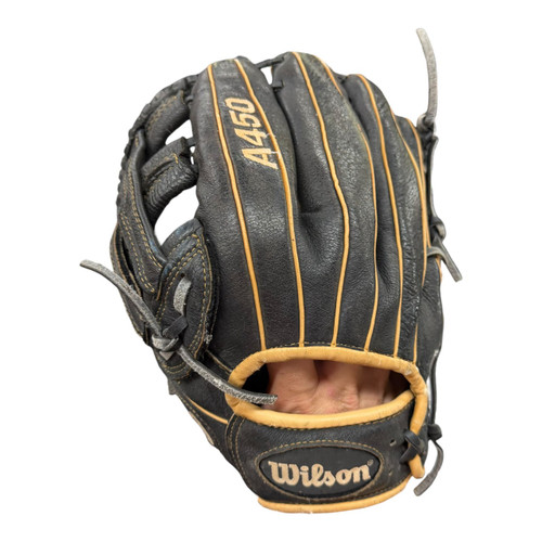 Vist Large View of Product Image Which is Used Wilson A450 BB/SB Glove LH Throw Black 12"