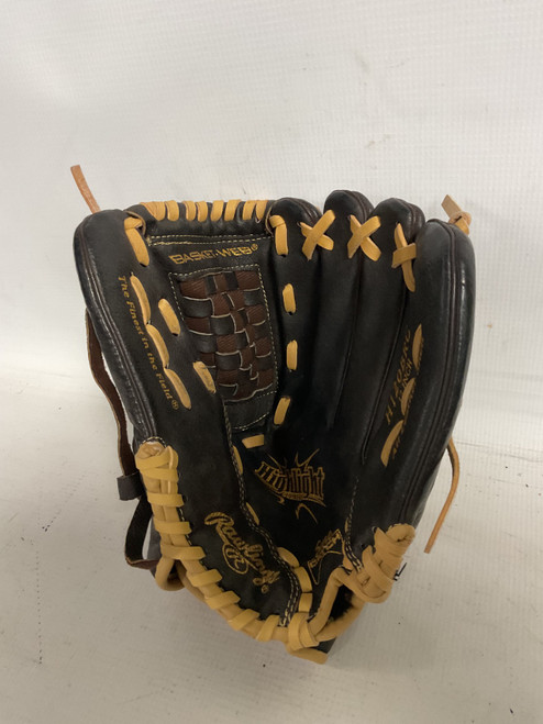 Vist Large View of Product Image Which is Used Rawlings HIGHLIGHT BB/SB Glove RH Throw Brown 12"