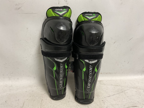 Vist Large View of Product Image Which is Used Bauer SUPREME ONE.6 Junior Shin Guards Black And Neon Green 12"