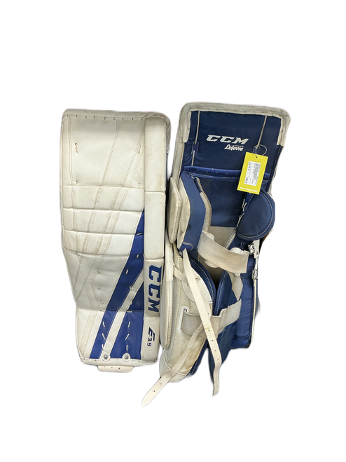 Vist Large View of Product Image Which is Used CCM E3.9 Goalie Leg Pads Inter White And Royal Blue 30"