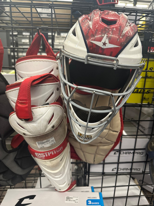 Vist Large View of Product Image Which is Used All Star AFX 3PC SET SIZE SMALL Catchers Helmet w/Mask Red SM