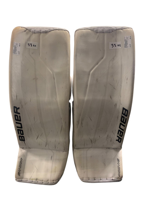 Vist Large View of Product Image Which is Used Bauer SHADOW Goalie Leg Pads Senior White SM 33+1”