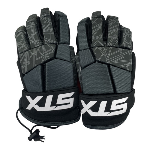 Vist Large View of Product Image Which is Used STX Lacrosse Gloves Black 8", back of hand view, pair