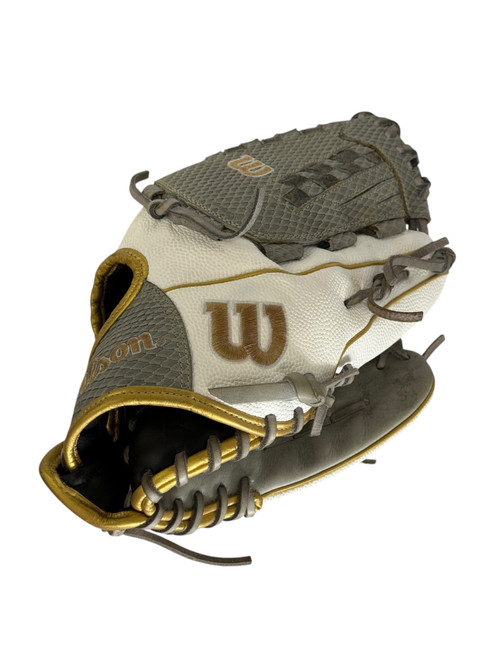 Vist Large View of Product Image Which is Used Wilson A2000 RH Throw Fastpitch Glove White 12 1/2"