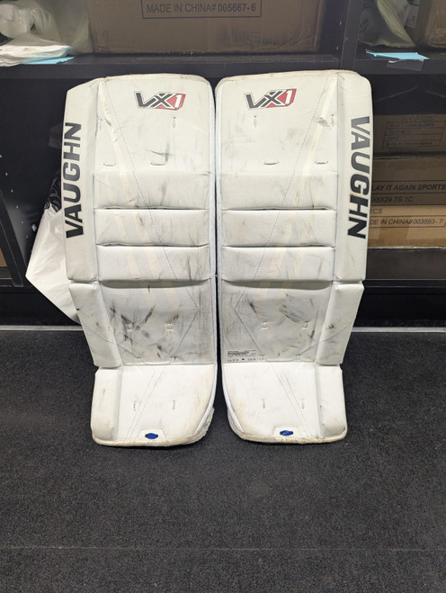 Vist Large View of Product Image Which is Used Vaughn VELOCITY 24+2 Goalie Leg Pads Youth White 24"