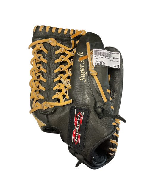 Vist Large View of Product Image Which is Used Miken SUPER SOFT RH Throw Fastpitch Gloves Brown 13"