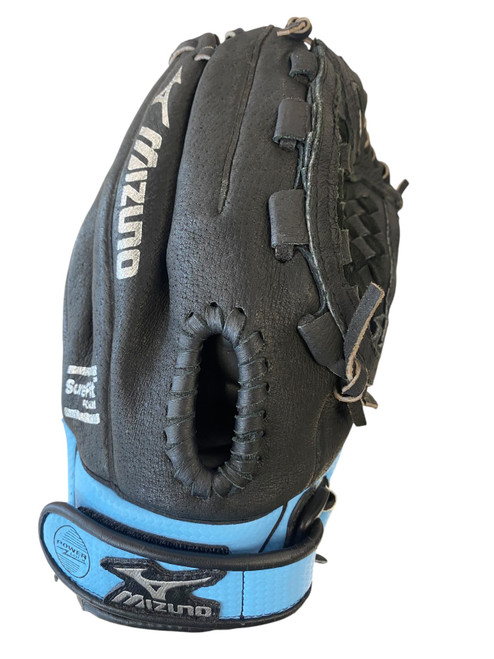 Vist Large View of Product Image Which is Used Mizuno FINCH RH Throw Fastpitch Gloves Black 10 1/2"