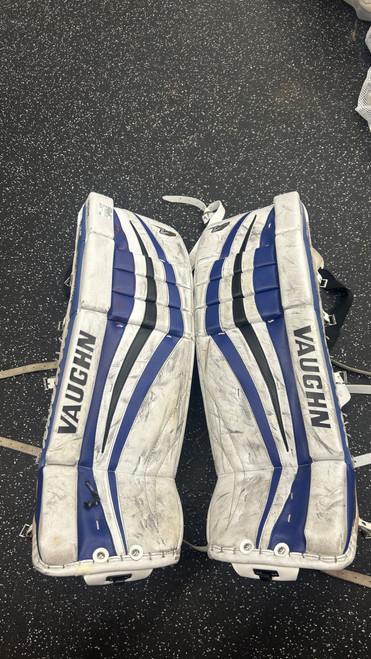 Vist Large View of Product Image Which is Used Vaughn VELOCITY V7 INT XF Goalie Leg Pads Senior White/Black/Royal 31"